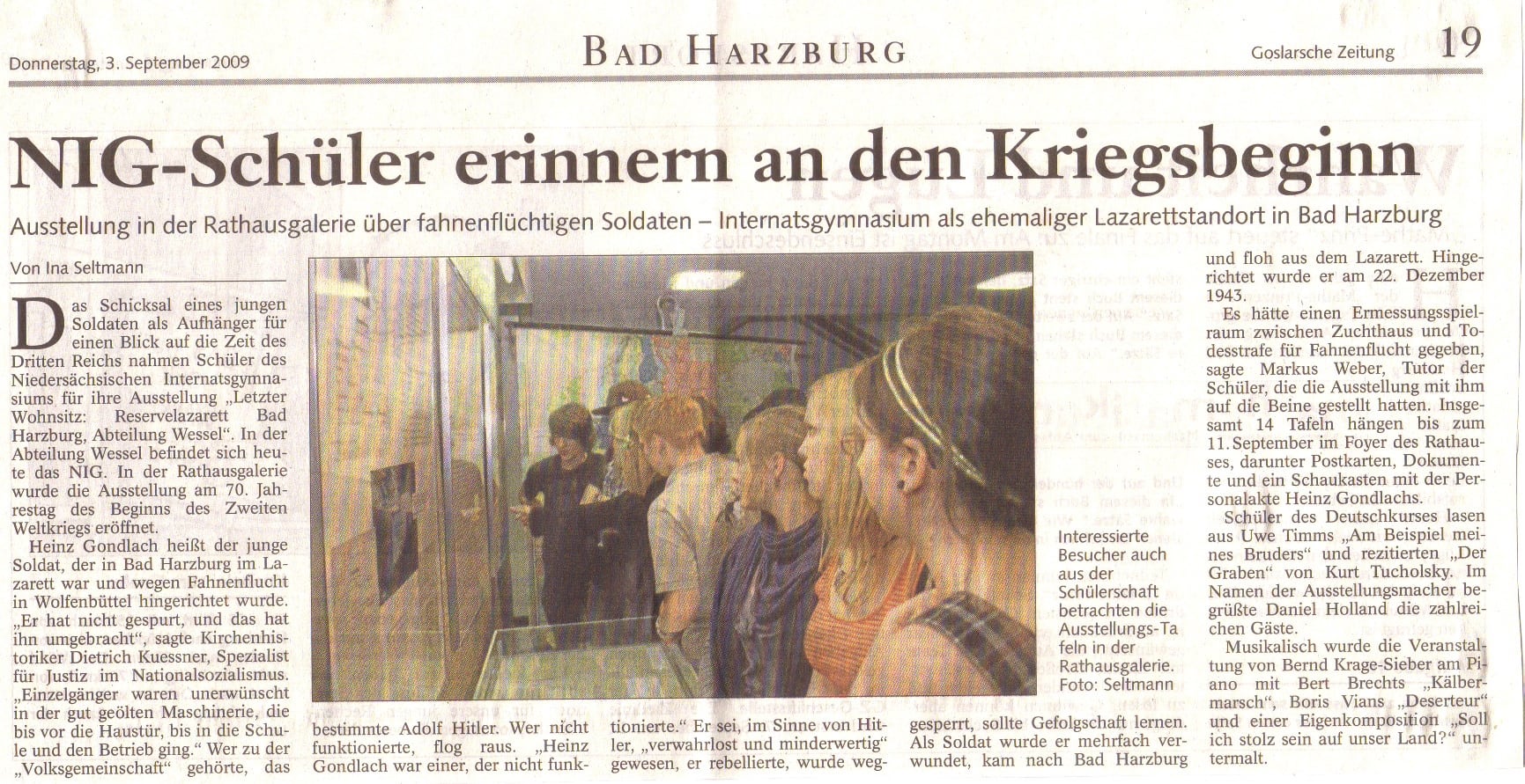 Artikel Die Goslarsche Zeitung berichtet über die Ausstellung der NIG-Schüler*innen zu Heinz Gondlach