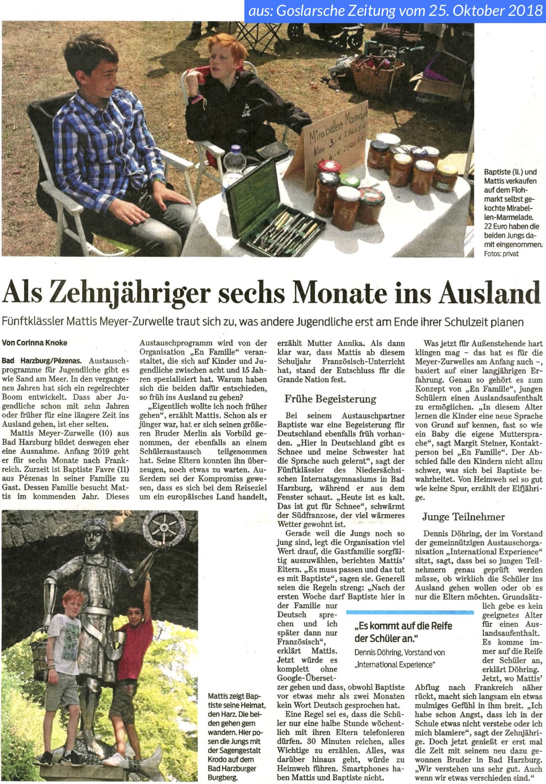 Zeitungsartikel: Als Zehnjähriger ans NIG